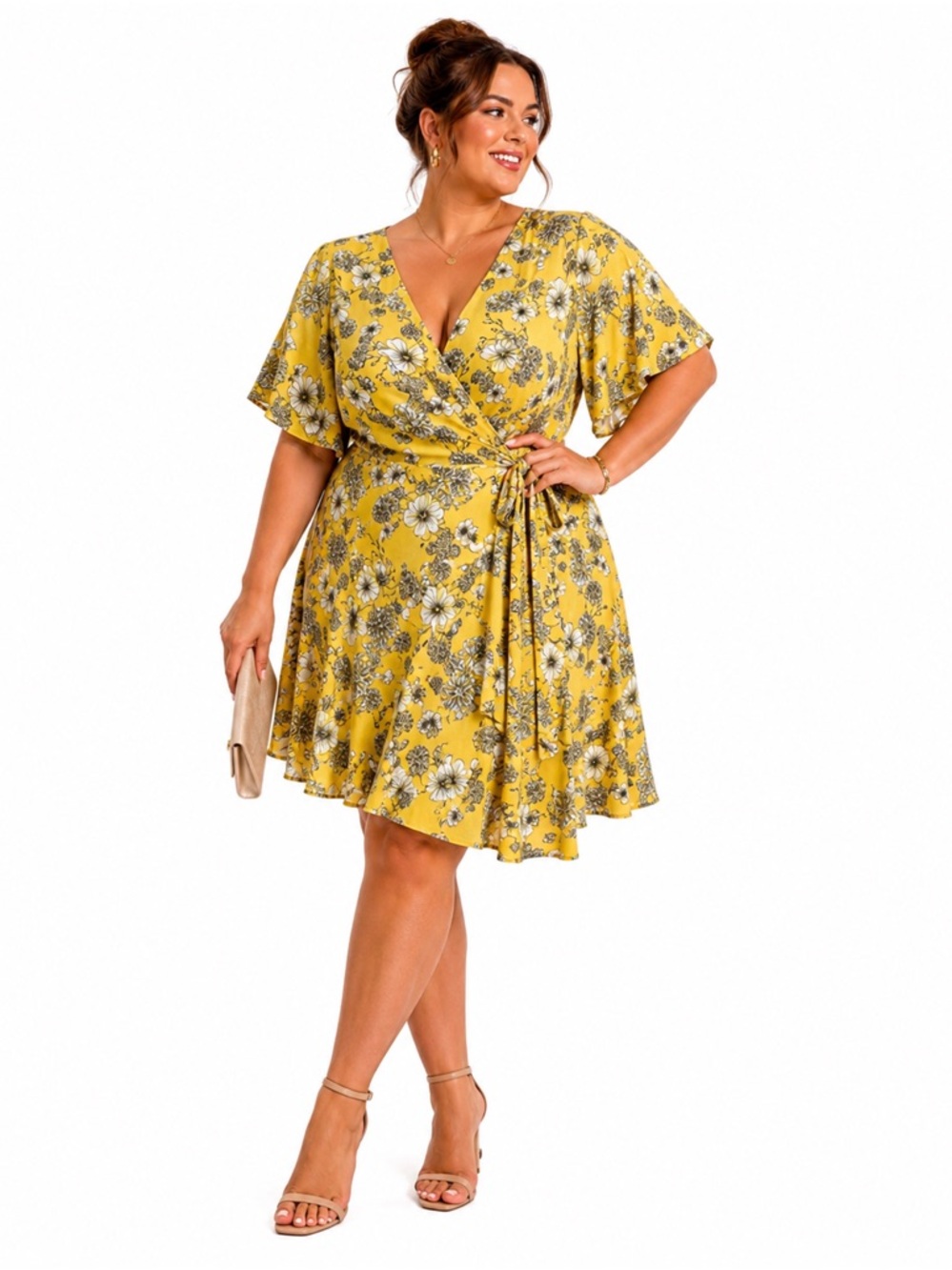 Torrid Floral Georgette Faux Wrap Dress Yellow Flutter Sleeve Womens Size 14 - Picture 1 of 16